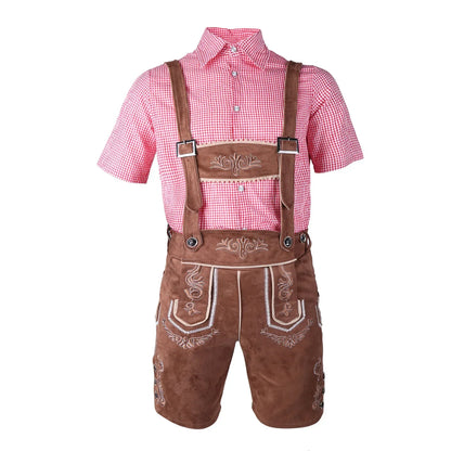 Heren Oktoberfest Lederhosen-set met shirt, bretels en hoed, geborduurde korte broek