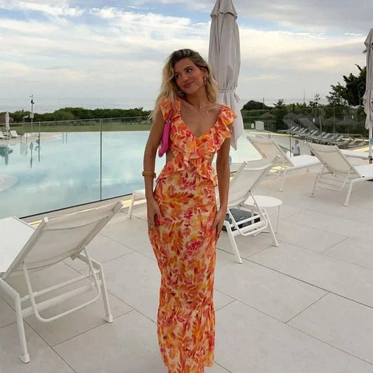 Soléa Maxi Jurk Dames met Open Rug, Ruches en Bloemenprint