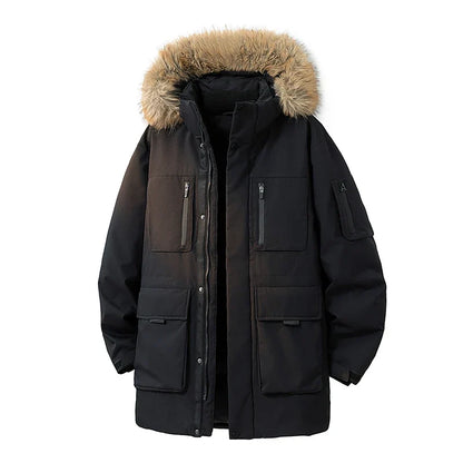 Winterjas met capuchon en nepbont, veel zakken, lange model