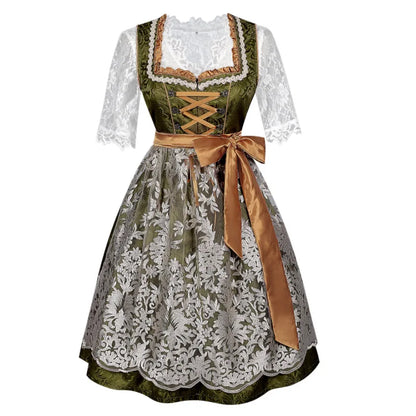 Groene Dirndl jurk met witte kanten blouse en gouden strik