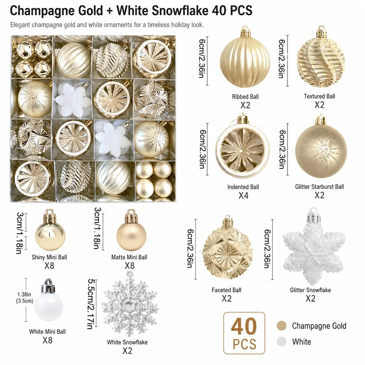 Goudwit Kerstglans – Set van 40 Champagnegouden en Witte Kerstballen