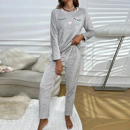 Dames Warme Pyjamaset 2-Delig – Zachte Nachtkleding met Lange Mouwen