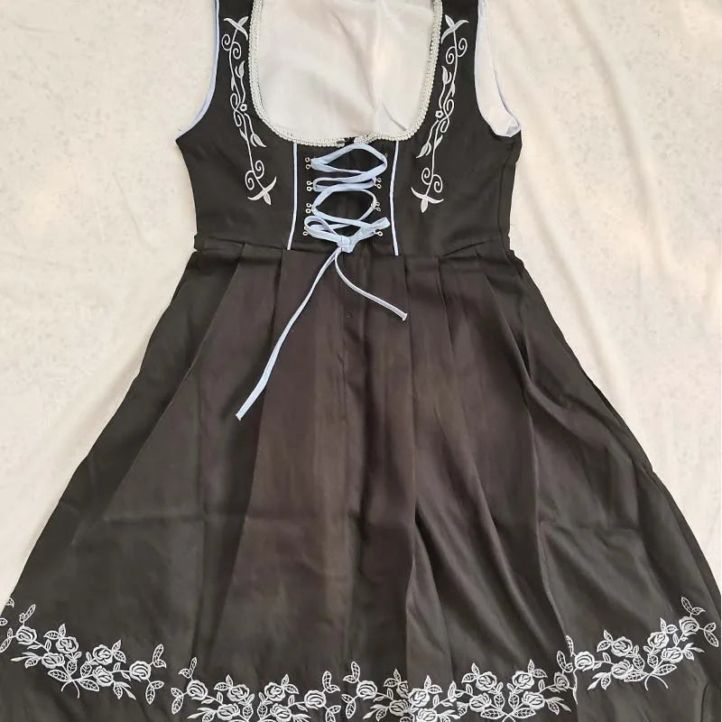Zwarte Dames Dirndl Jurk 3-Delige Set met Blauw Schort