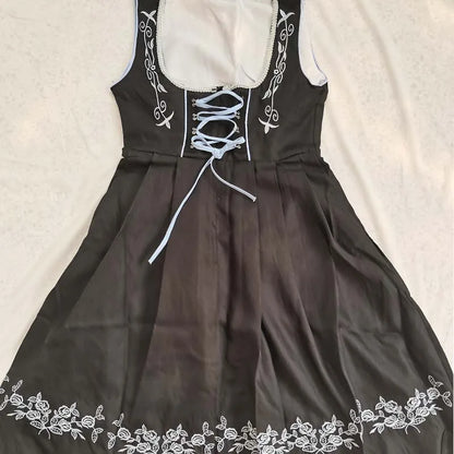 Zwarte Dames Dirndl Jurk 3-Delige Set met Blauw Schort