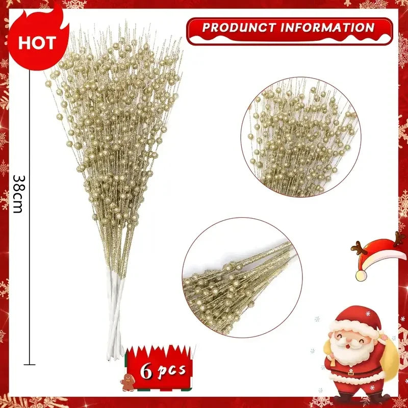 Goudbesia – Set van 6 Gouden Kerstbessen met Pailletten