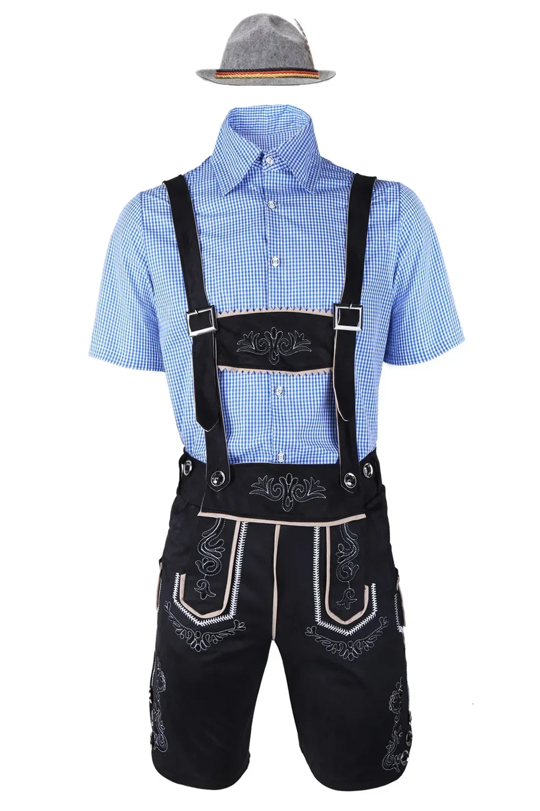 Heren Oktoberfest Lederhosen-set met shirt, bretels en hoed, geborduurde korte broek