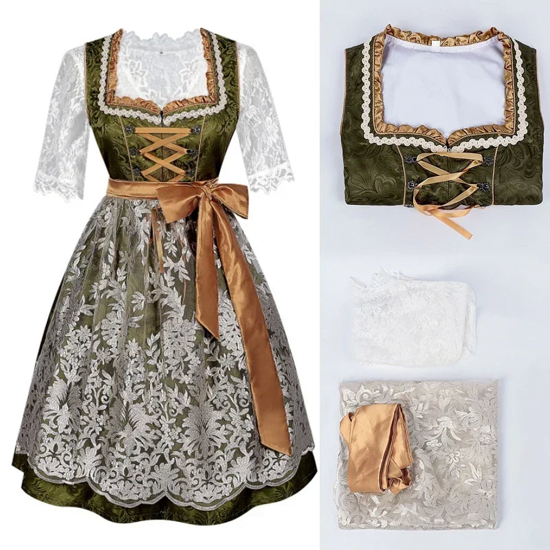 Groene Dirndl jurk met witte kanten blouse en gouden strik
