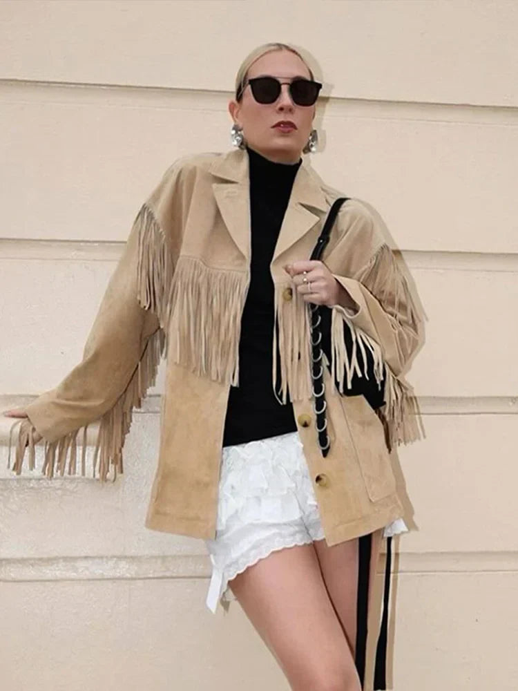 Fenna Suède Damesjas – Lange Boho Jas met Franje en Western Look
