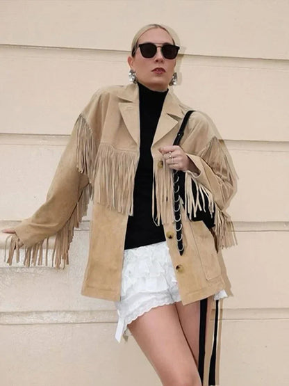 Fenna Suède Damesjas – Lange Boho Jas met Franje en Western Look
