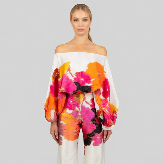Satijnglans Off-Shoulder Set Dames Elegant Patroon Tweedelig