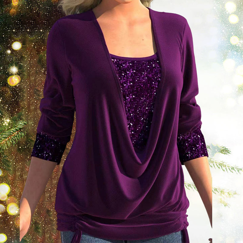 Livia Dames Feestblouse met Watervalhals en Pailletten