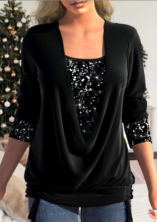 Livia Dames Feestblouse met Watervalhals en Pailletten