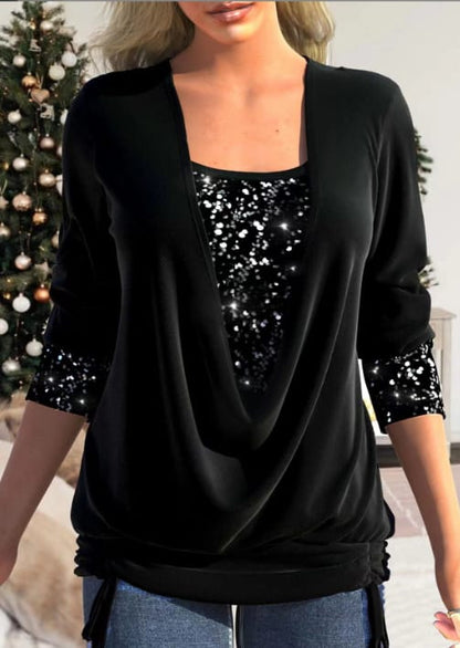 Livia Dames Feestblouse met Watervalhals en Pailletten