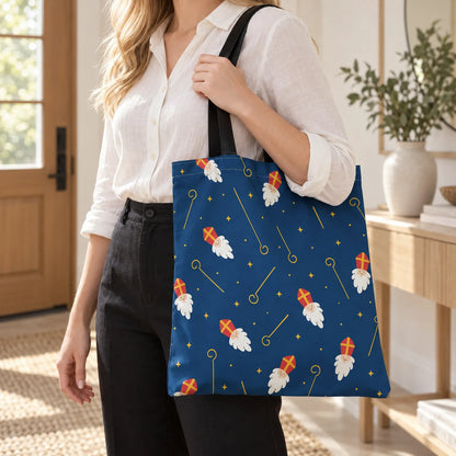 Sintschittering – Blauwe Tote Bag met Dubbelzijdige Sinterklaasprint