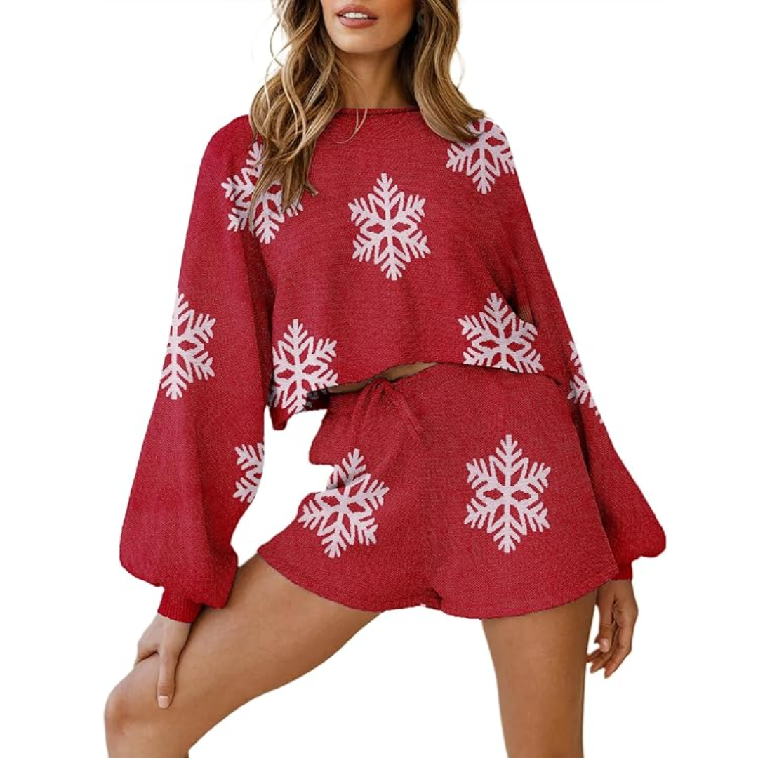 Dames Kerstpyjama – 2-Delige Set met Sneeuwvlokpatroon