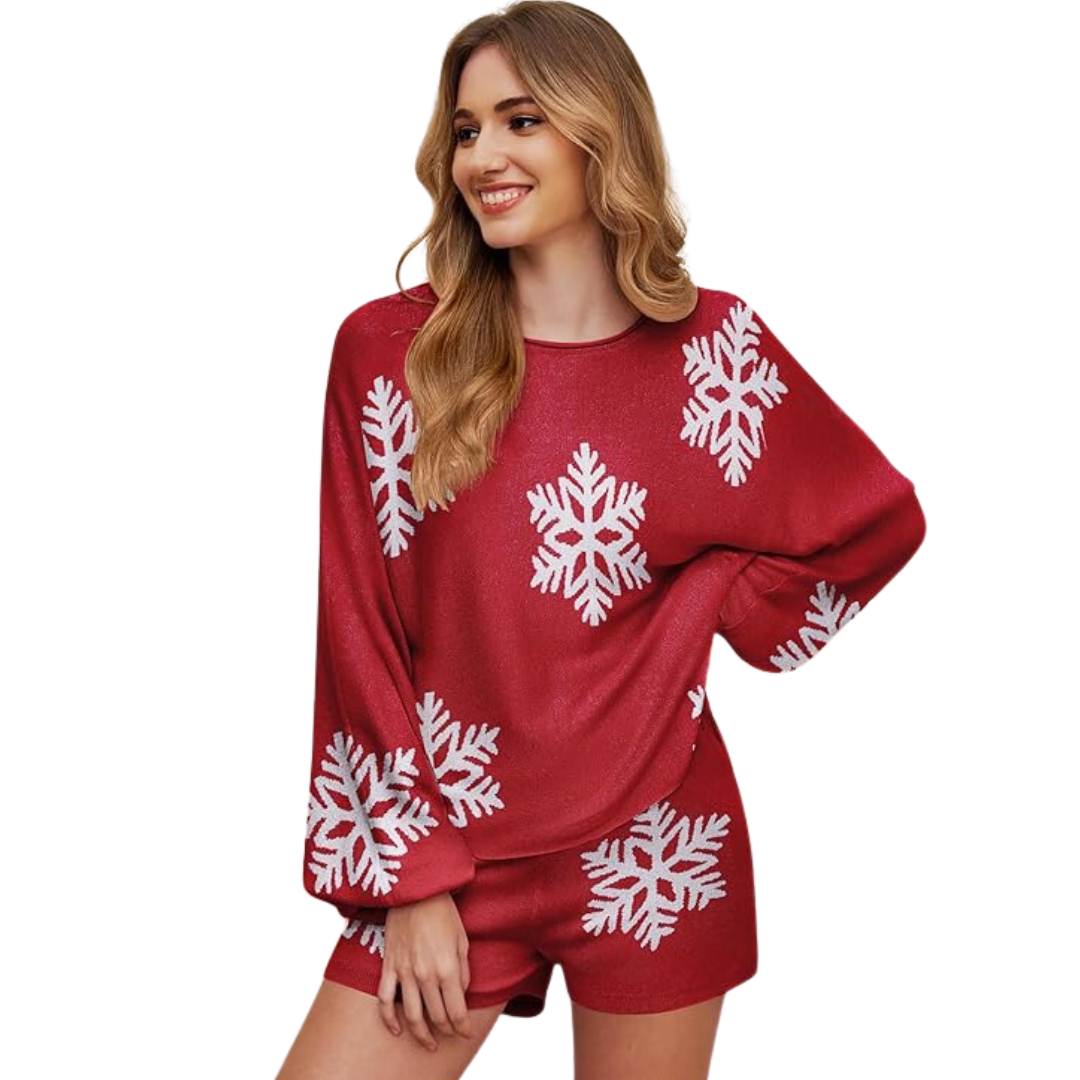 Dames Kerstpyjama – 2-Delige Set met Sneeuwvlokpatroon