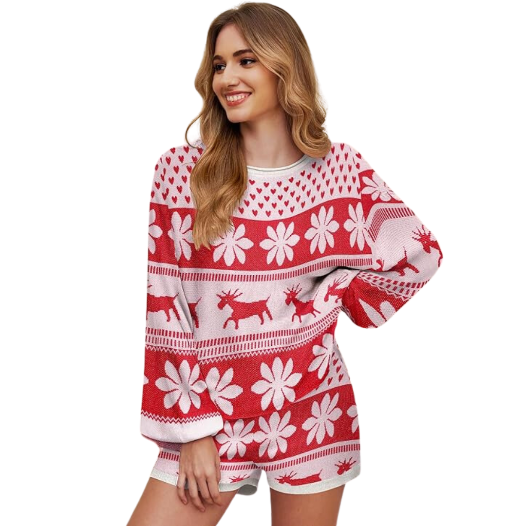 Dames Kerstpyjama – 2-Delige Set met Sneeuwvlokpatroon
