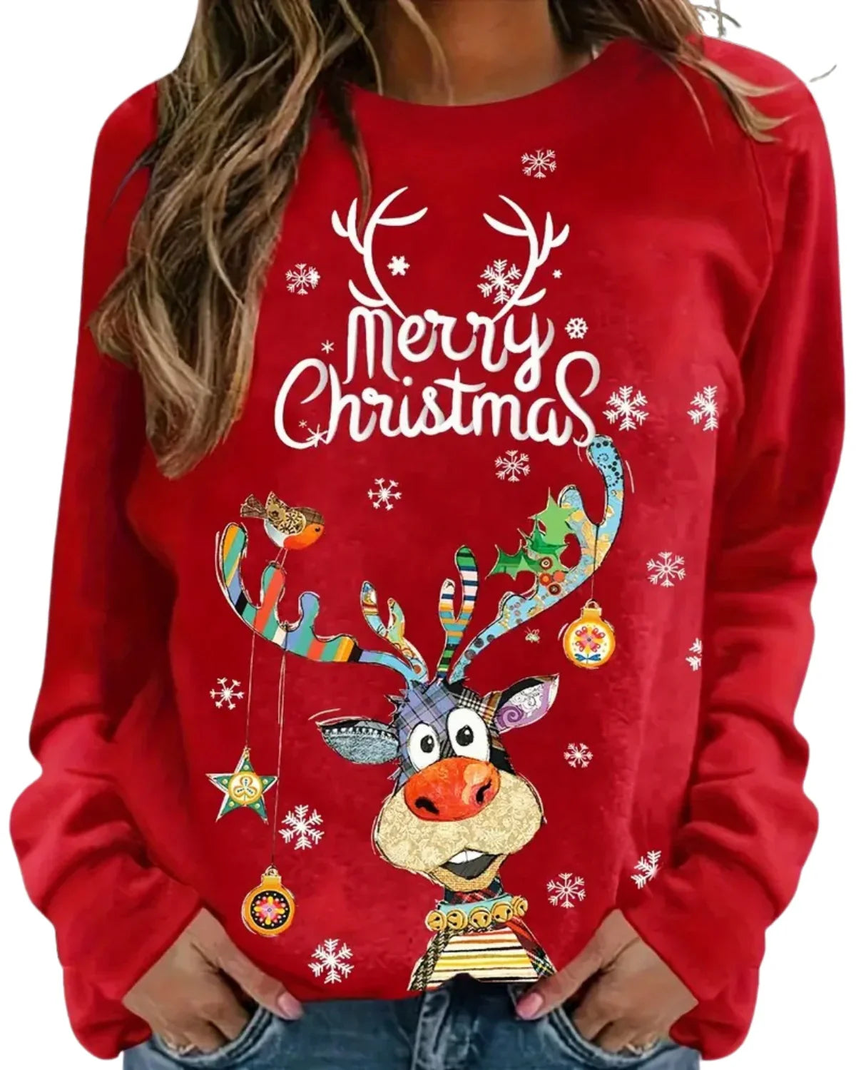 Dames Kersttrui – Feestelijke Trui met Rendierprint en Ronde Hals