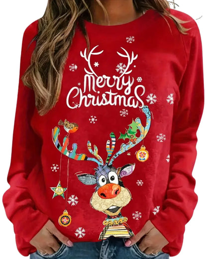 Dames Kersttrui – Feestelijke Trui met Rendierprint en Ronde Hals