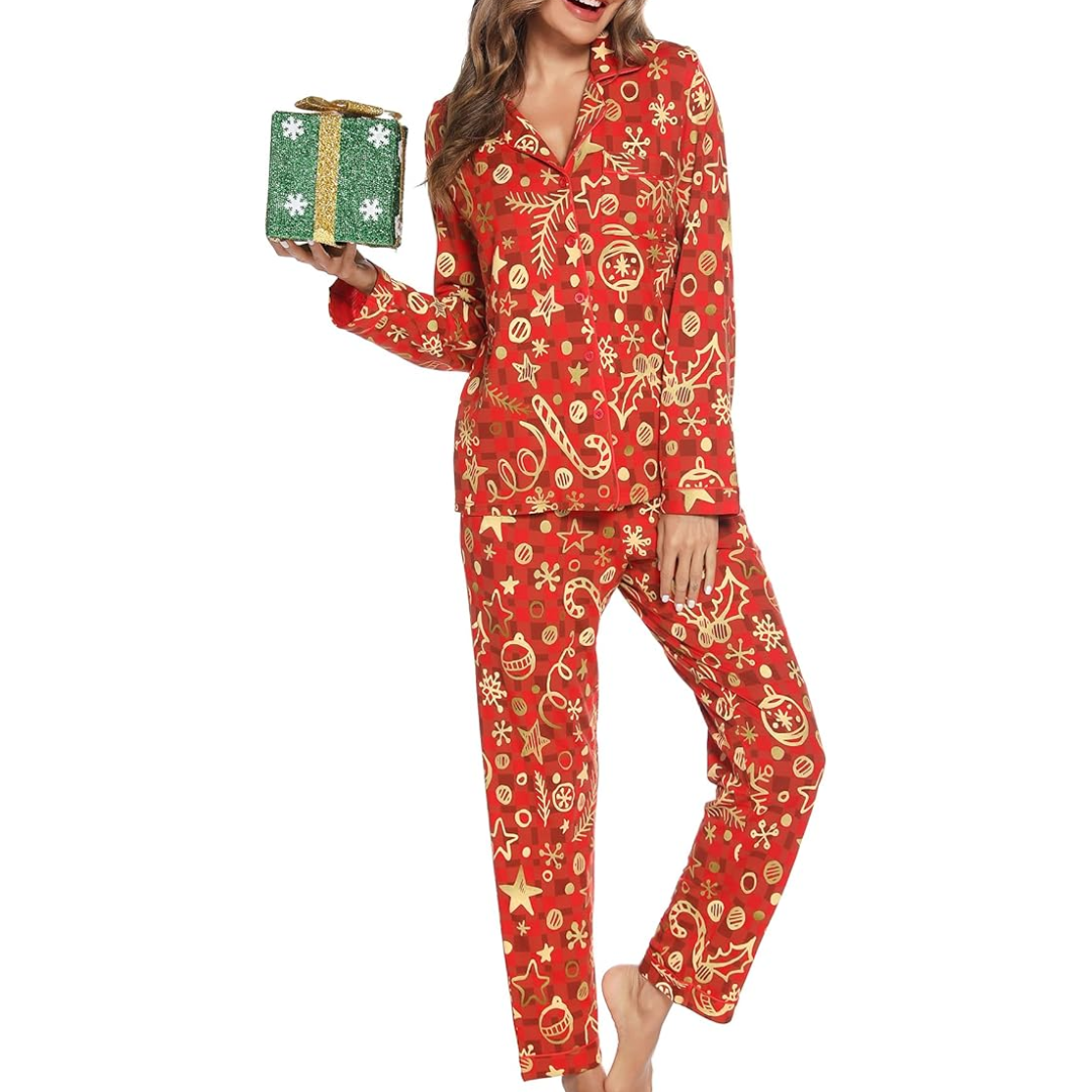 KerstKnus Dames Kerstpyjama Set met Blouse en Lange Broek