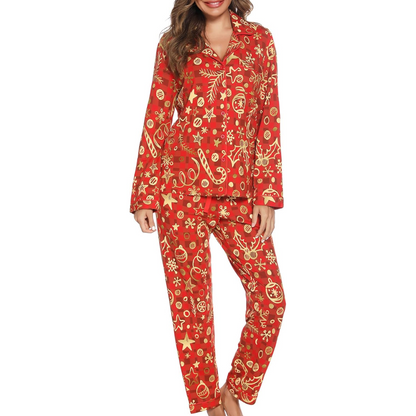KerstKnus Dames Kerstpyjama Set met Blouse en Lange Broek