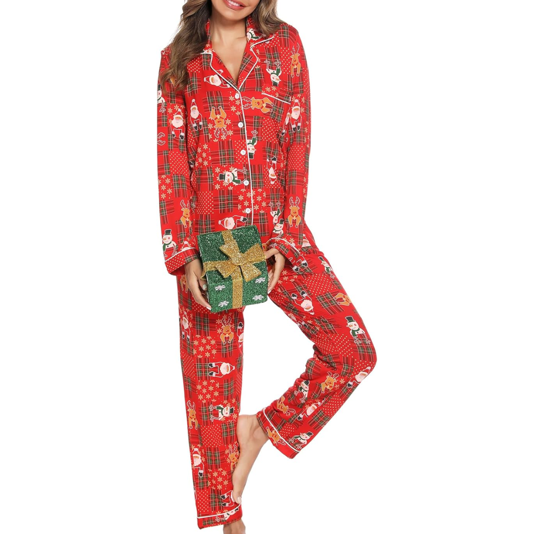 KerstKnus Dames Kerstpyjama Set met Blouse en Lange Broek