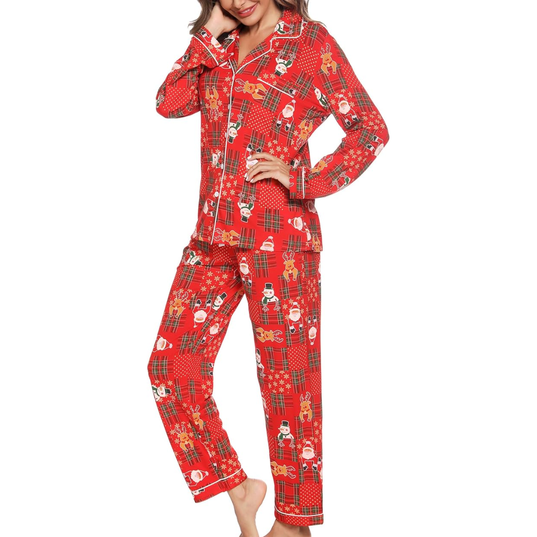 KerstKnus Dames Kerstpyjama Set met Blouse en Lange Broek