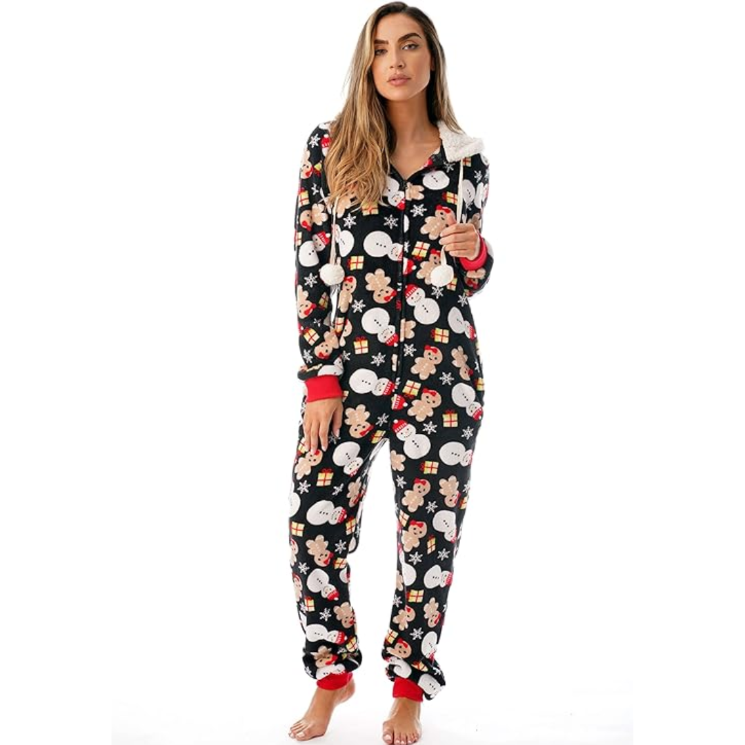 Dames Kerst Onesie – Warme Pyjama met Losse Pasvorm en Kerstmotief