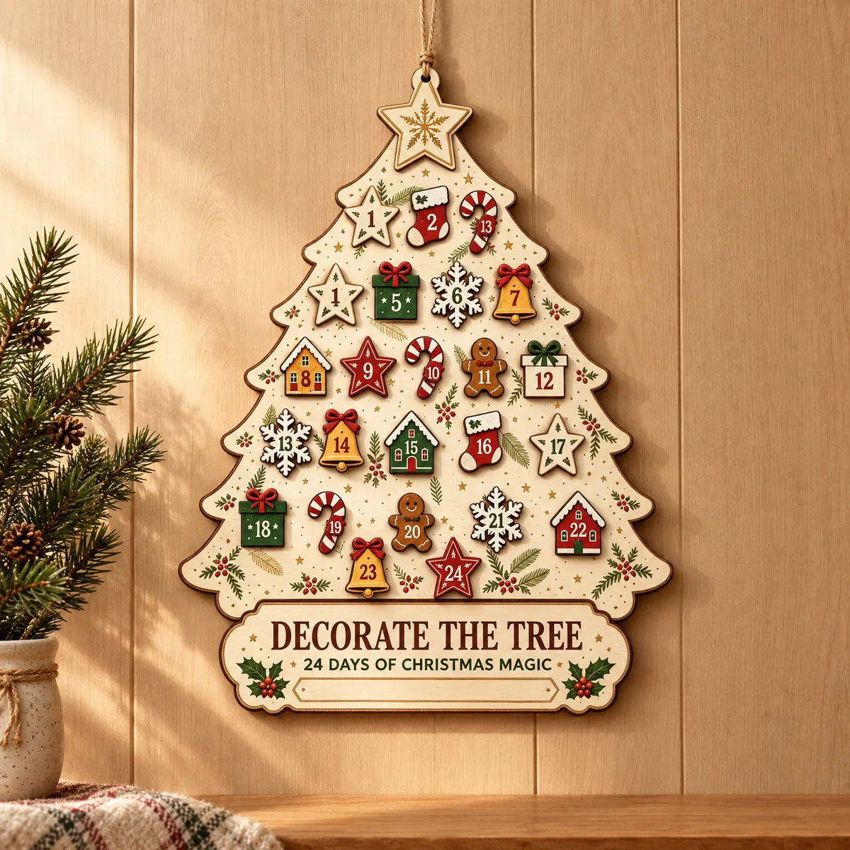 Houten Adventskalender Kerstdecoratie met 24 Hangers voor Muur
