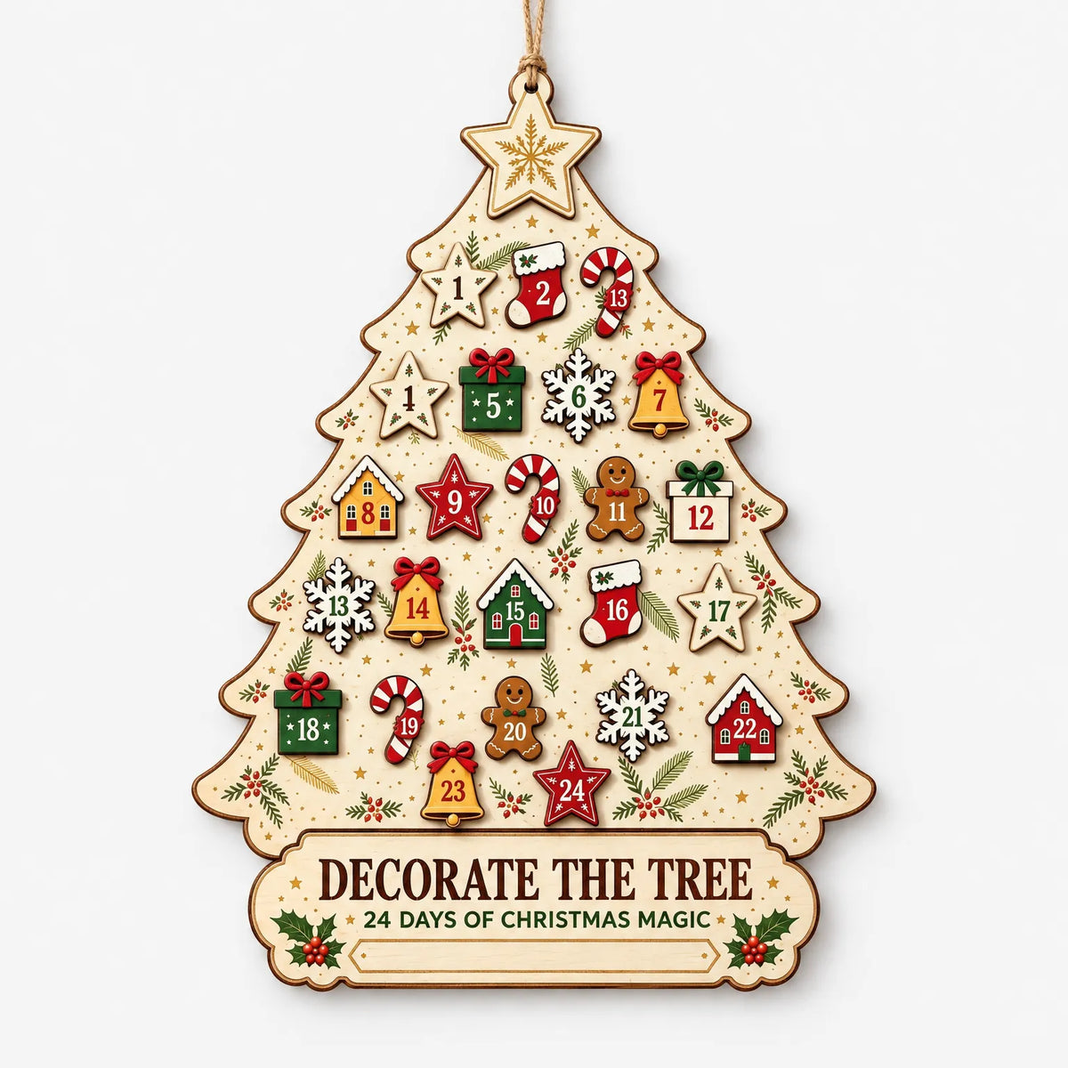 Houten Adventskalender Kerstdecoratie met 24 Hangers voor Muur