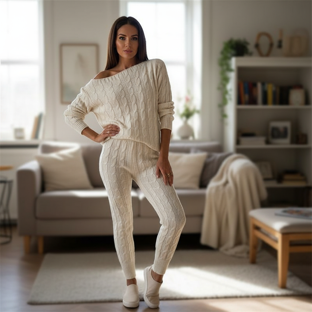 Zachtmoment Dames Lounge Set – Kabelgebreide Trui en Joggingbroek