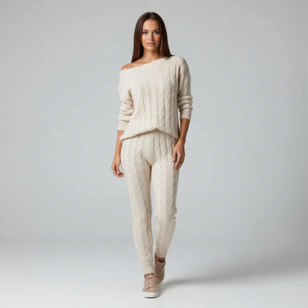 Zachtmoment Dames Lounge Set – Kabelgebreide Trui en Joggingbroek