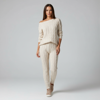 Zachtmoment Dames Lounge Set – Kabelgebreide Trui en Joggingbroek