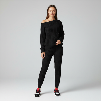 Zachtmoment Dames Lounge Set – Kabelgebreide Trui en Joggingbroek
