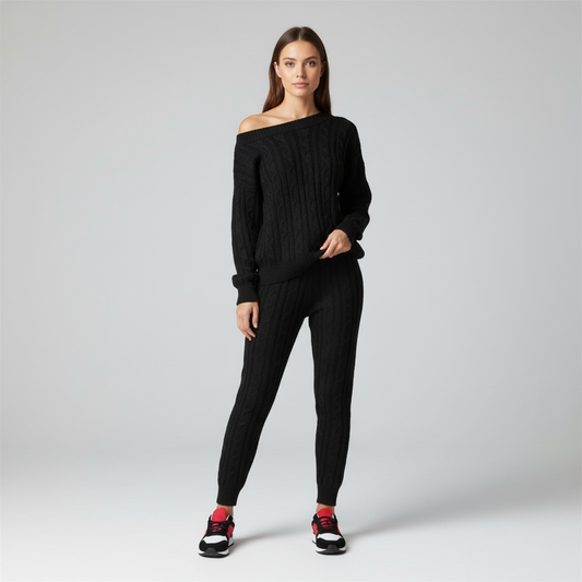 Zachtmoment Dames Lounge Set – Kabelgebreide Trui en Joggingbroek