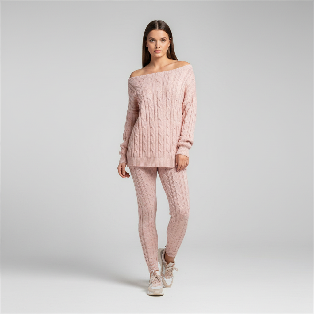 Zachtmoment Dames Lounge Set – Kabelgebreide Trui en Joggingbroek