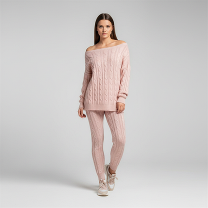 Zachtmoment Dames Lounge Set – Kabelgebreide Trui en Joggingbroek
