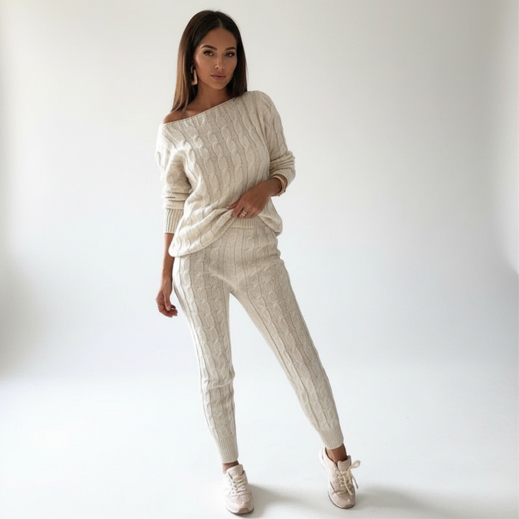 Zachtmoment Dames Lounge Set – Kabelgebreide Trui en Joggingbroek