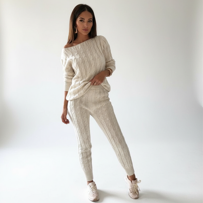 Zachtmoment Dames Lounge Set – Kabelgebreide Trui en Joggingbroek