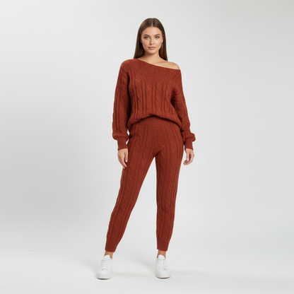 Zachtmoment Dames Lounge Set – Kabelgebreide Trui en Joggingbroek