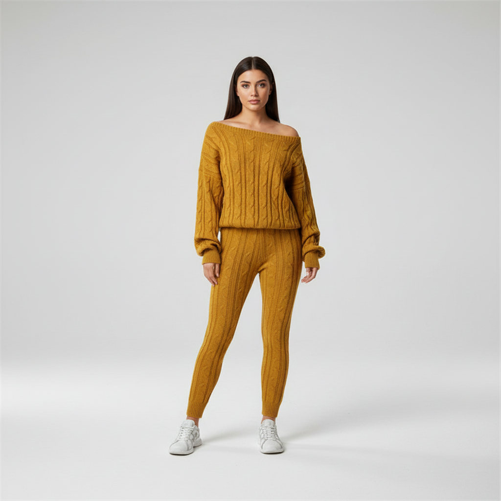 Zachtmoment Dames Lounge Set – Kabelgebreide Trui en Joggingbroek