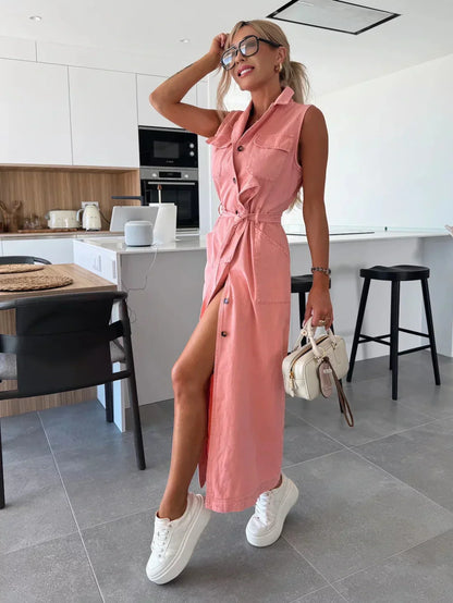 Glamoure Zomerse Haven Denim Doorknoopjurk Mouwloos Losvallend