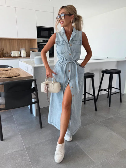 Glamoure Zomerse Haven Denim Doorknoopjurk Mouwloos Losvallend