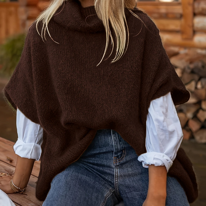 Gebreide poncho-top met polokraag en korte mouwen, losse pasvorm