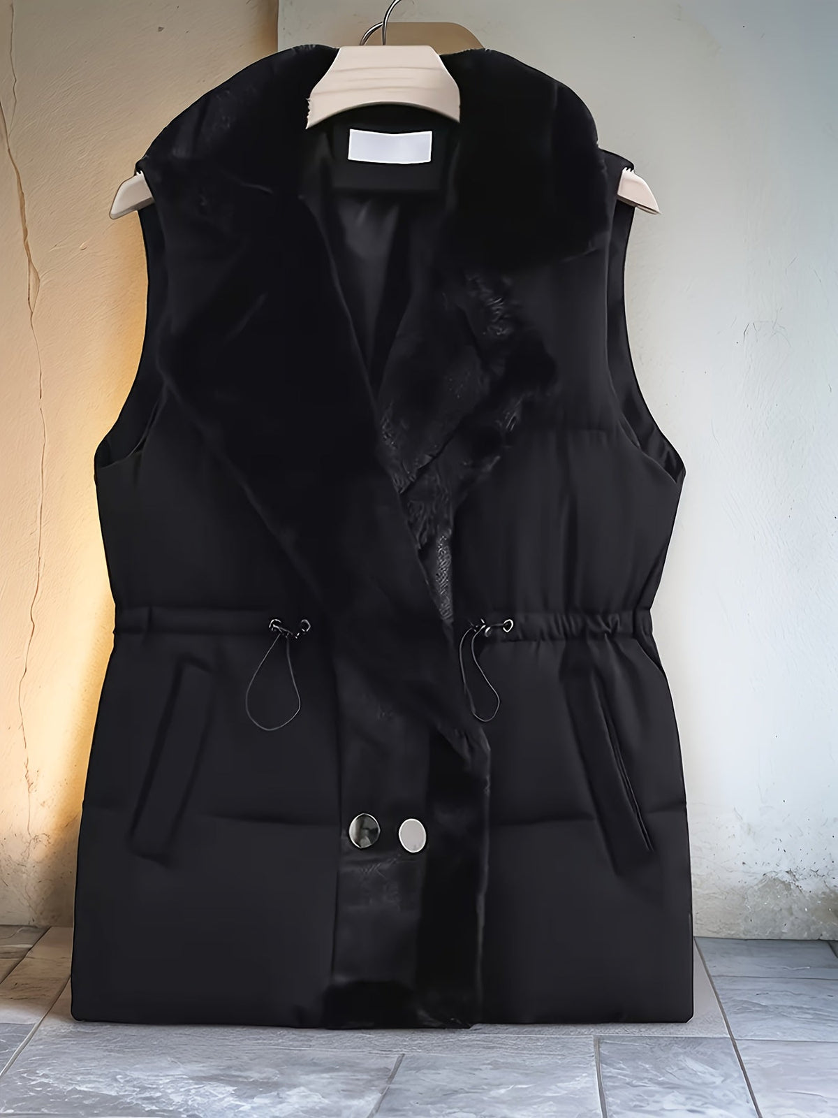 Dames gewatteerde vest met nepbontdetails en taillekoord