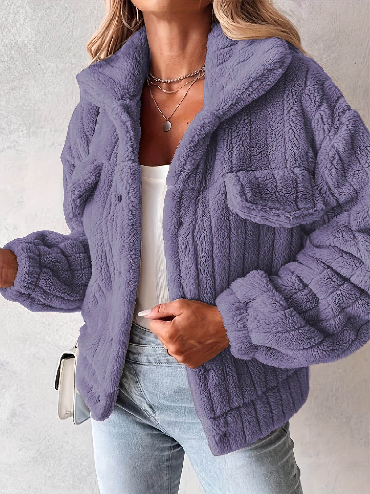 Dames teddyjack met kraag en borstzakken, fluffy warme jas