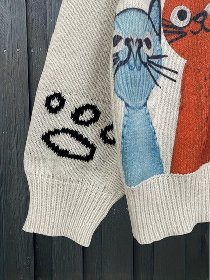 Polo trui met kattenmotief, gebroken witte gebreide trui met rolkraag en kleurrijke katten