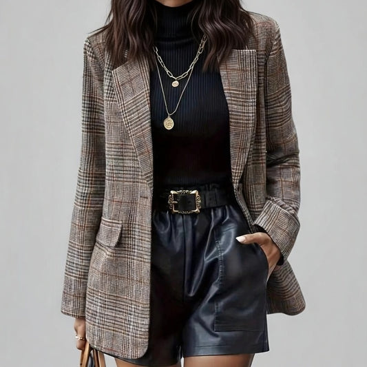 Dames Geruite Blazer – Getailleerde Blazer met Revers en Klepzakken