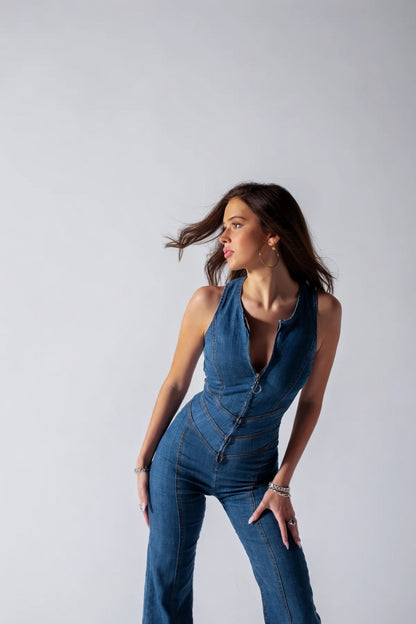 Retro Denim Jumpsuit Dames Slim Fit Stretch V-Hals