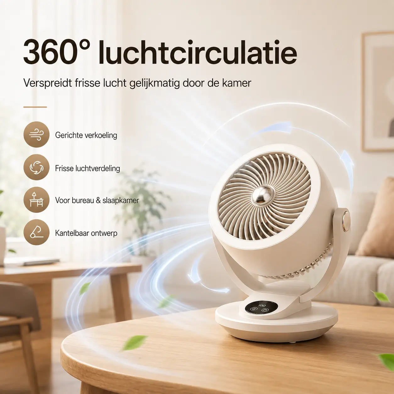 WindSfeer Compacte Tafelventilator Stil USB of Netvoeding 360° Luchtcirculatie